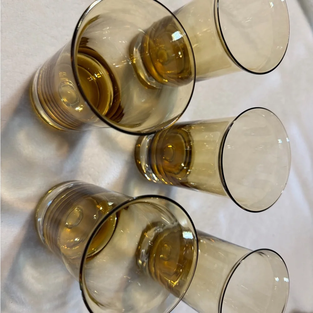 Vintage Amber Glass Highball Tumblers Weighted Base Mid Century Modern Set of 5